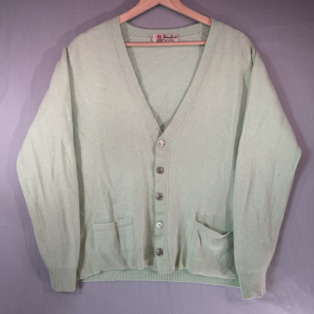 Vintage Pringle of Scotland Pure Cashmere Cardigan Royal Warrant Green 46 50s